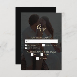 Modern Black Gold Photo Overlay Wedding RSVP Card