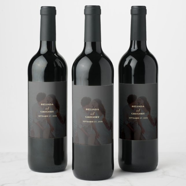 Modern Black Gold Photo Overlay Wedding Wine Label (Bottles)