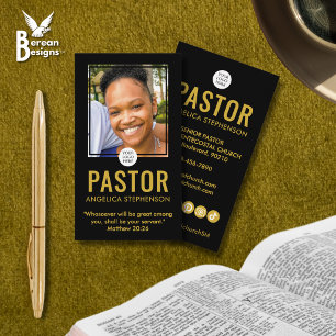 Modern Black Gold Photo QR Logo Church Pastor Business Card