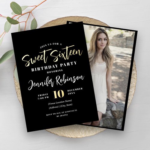 Modern Black Gold Photo Sweet 16 Sixteen  Foil Invitation