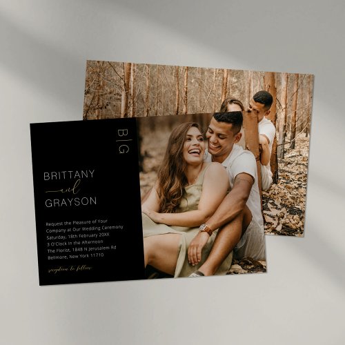 Modern Black Gold Photo Wedding Foil Invitation