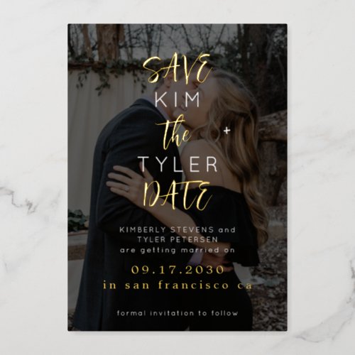 Modern black gold photo wedding save date  foil invitation