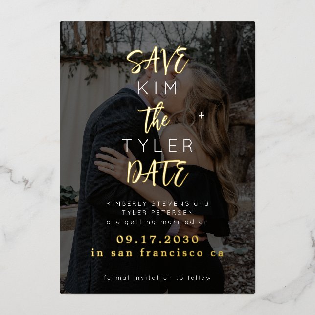 Modern black gold photo wedding save date  foil invitation (Front)