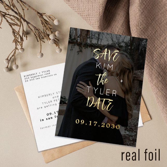 Modern black gold photo wedding save the date  foil invitation postcard