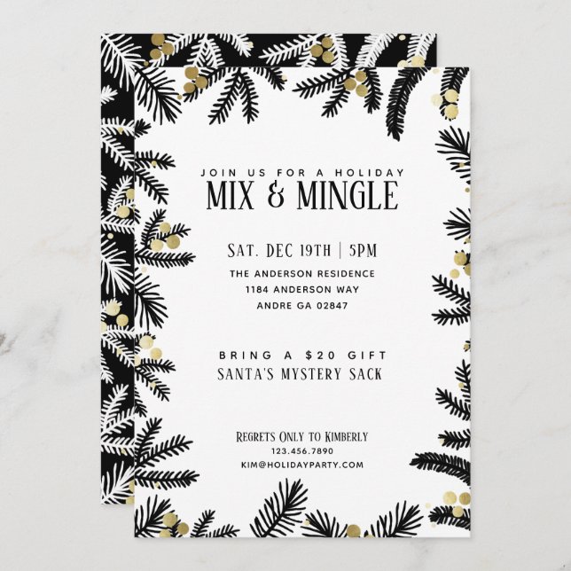 Modern Black & Gold Pine and Berries Holiday Party Invitation (Front/Back)