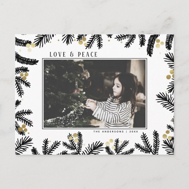 Modern Black & Gold Pine and Berries Holiday Postcard (Front)