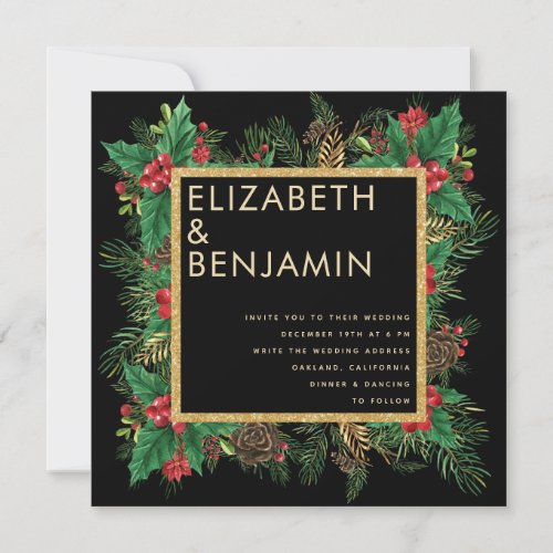 Modern Black Gold Pine Qr Code Christmas Wedding Invitation