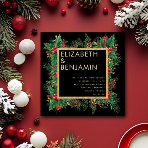 Modern Black Gold Pine Qr Code Christmas Wedding Invitation