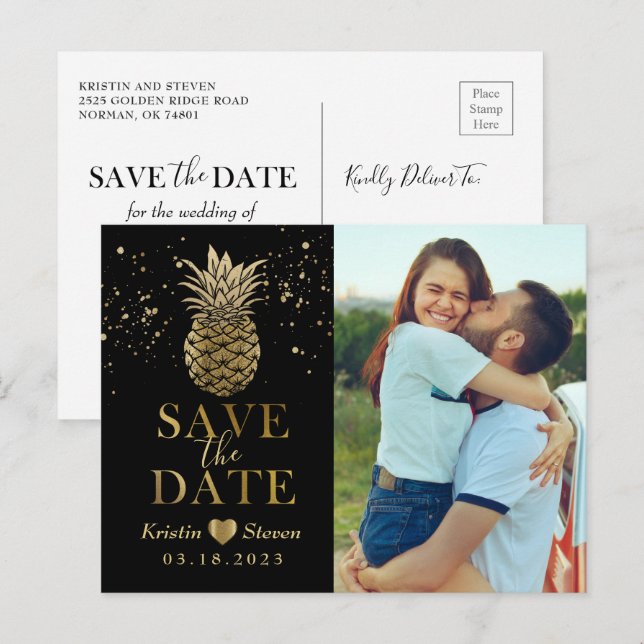 Modern Black Gold Pineapple Photo Save the Date Postcard (Front/Back)
