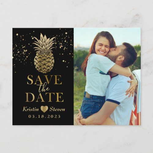 Modern Black Gold Pineapple Photo Save the Date Postcard