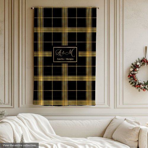 Modern Black Gold Plaid Custom Name Blanket