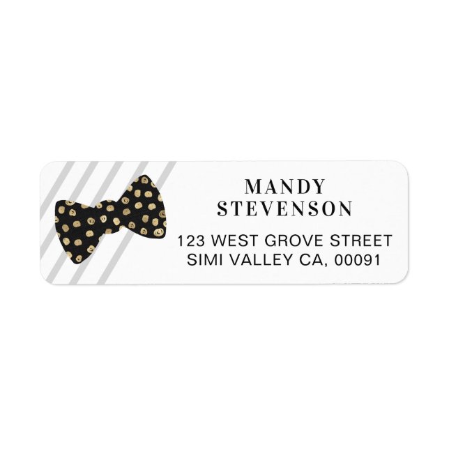 Modern Black & Gold Polka Dot Bow Tie & Stripes Label (Front)