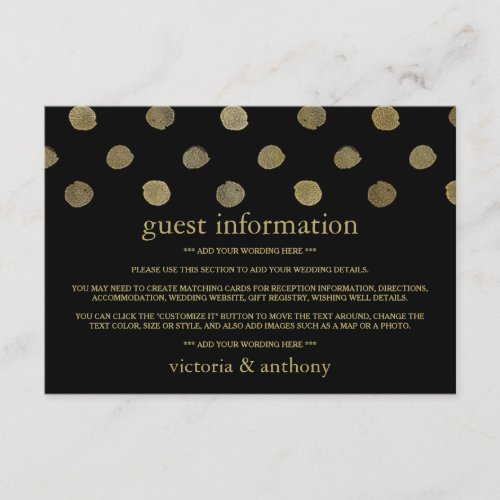 Modern Black  Gold Polka Dots Wedding Detail Enclosure Card