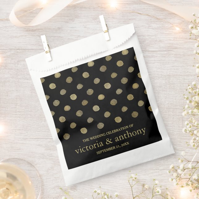 Modern Black & Gold Polka Dots Wedding Favor Bag (Clipped)