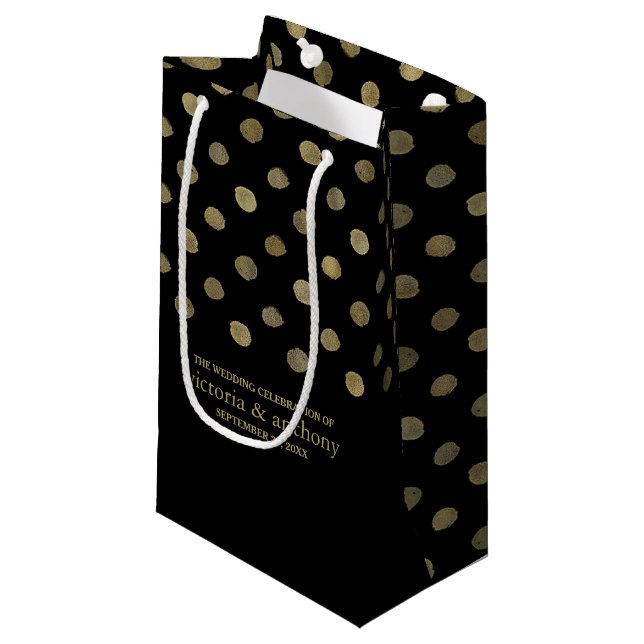 Modern Black & Gold Polka Dots Wedding Favor Small Gift Bag (Front Angled)