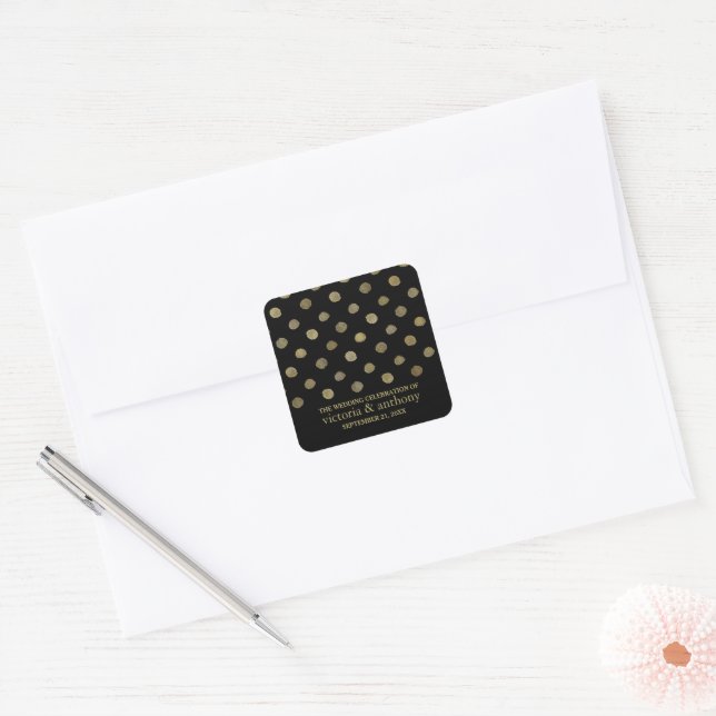 Modern Black & Gold Polka Dots Wedding Favor Square Sticker (Envelope)