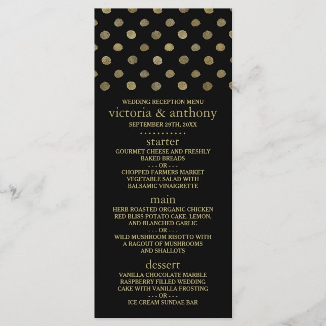 Modern Black & Gold Polka Dots Wedding Menu (Front)