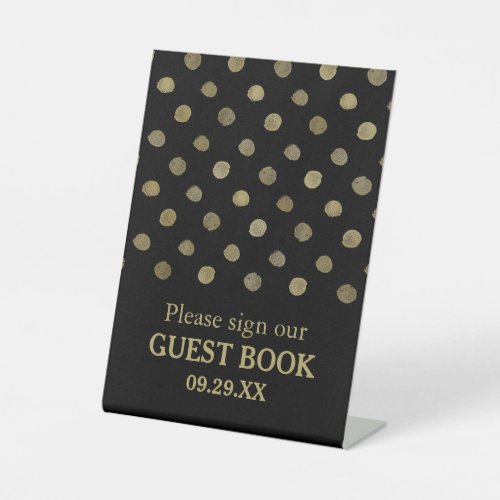 Modern Black  Gold Polka Dots Wedding Pedestal Sign