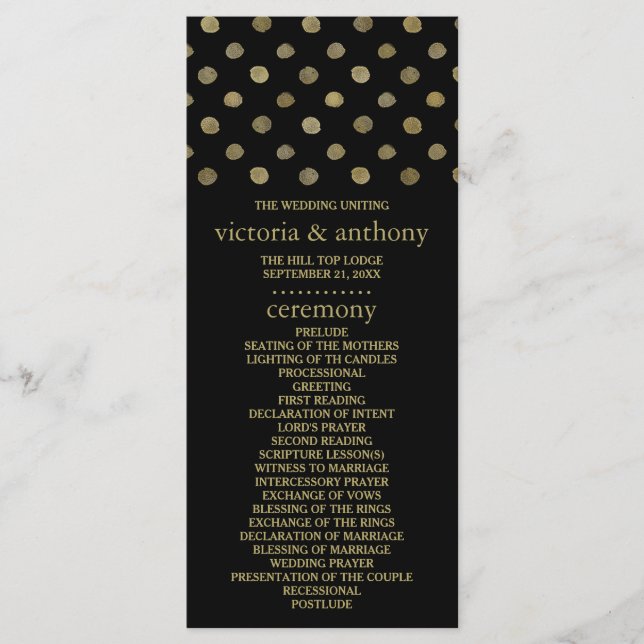 Modern Black & Gold Polka Dots Wedding Program (Front)