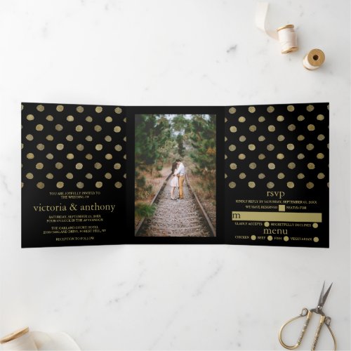 Modern Black  Gold Polka Dots Wedding Suite Tri_Fold Invitation