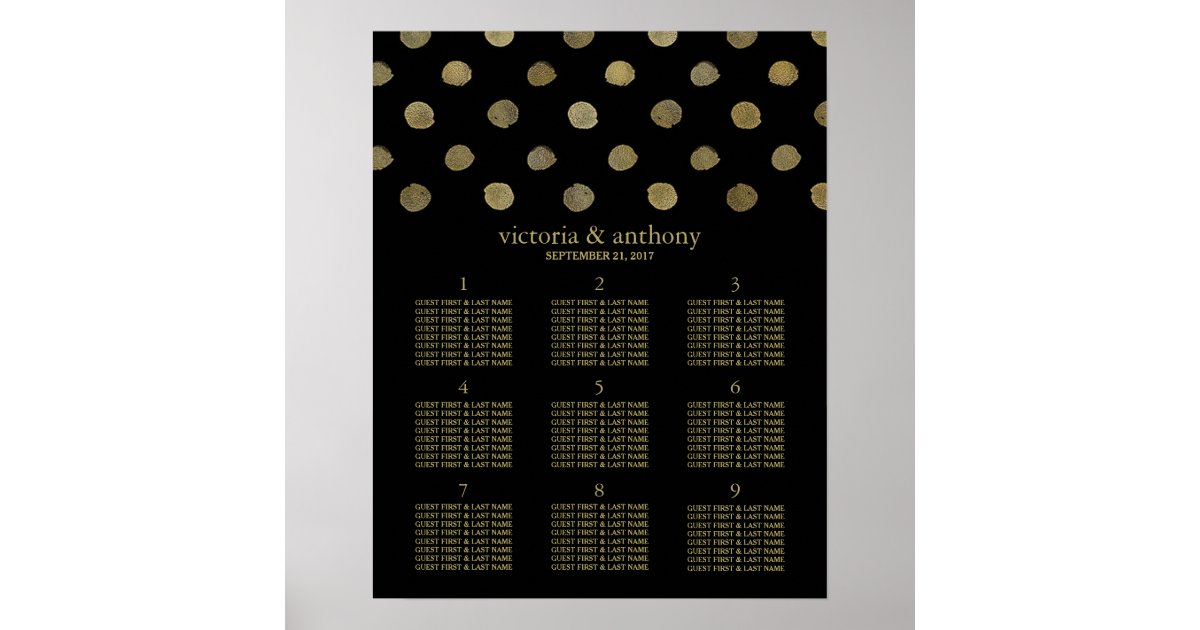 Modern Black & Gold Polka Dots Wedding Table Plan Poster Zazzle