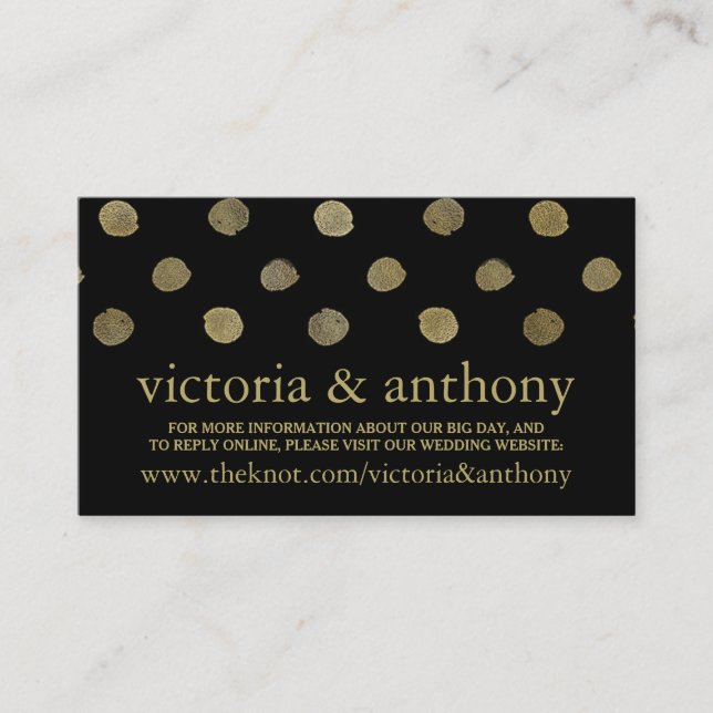 Modern Black & Gold Polka Dots Wedding Website Enclosure Card (Front)