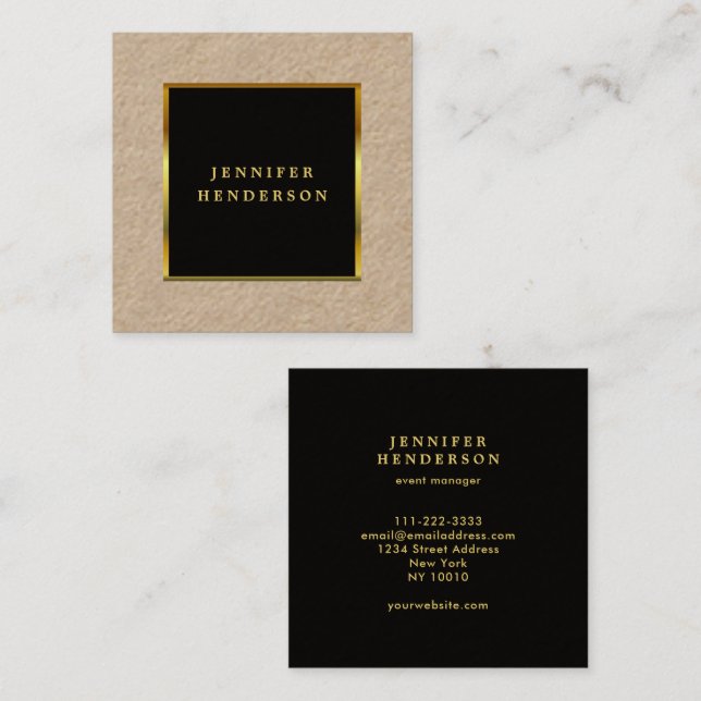 Modern black gold professional rustic kraft square business card (Front/Back)
