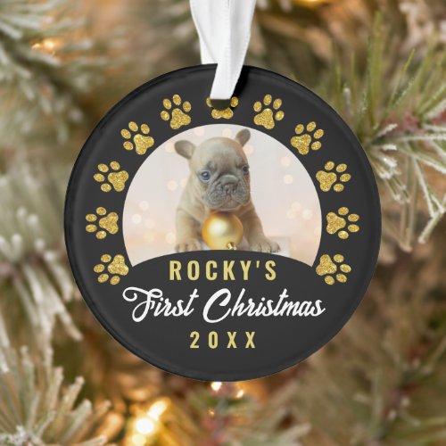 Modern Black Gold Puppy Dog First Christmas Photo Ornament