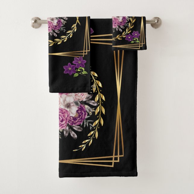 Modern Black Gold Purple Floral Trendy Boho Towel (Insitu)