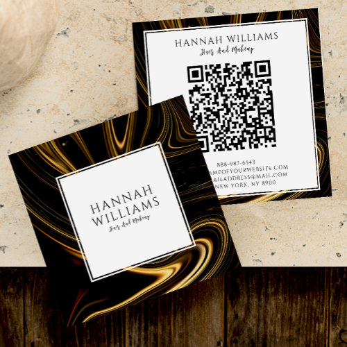 Modern Black Gold Qr Code Abstract Liquid Pattern Square Business Card
