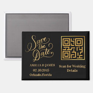 Modern Black & Gold QR Wedding Save The Date  Magnet