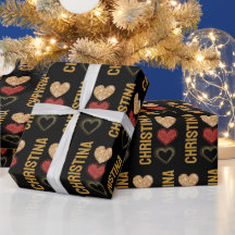 Modern Black Gold & Red Hearts Name Valentines Day