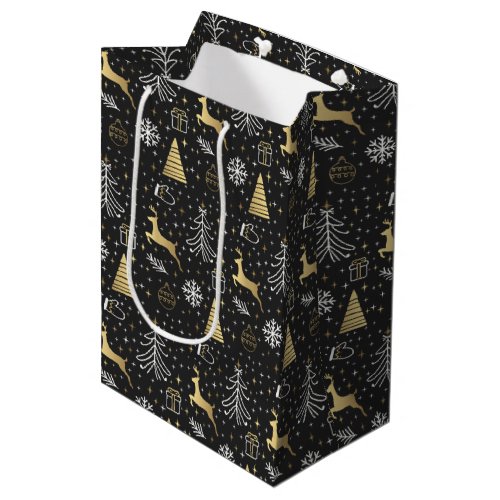 Modern Black Gold Reindeer Christmas  Medium Gift Bag