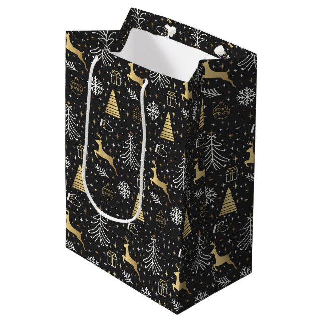 Modern Black Gold Reindeer Christmas  Medium Gift Bag (Front Angled)