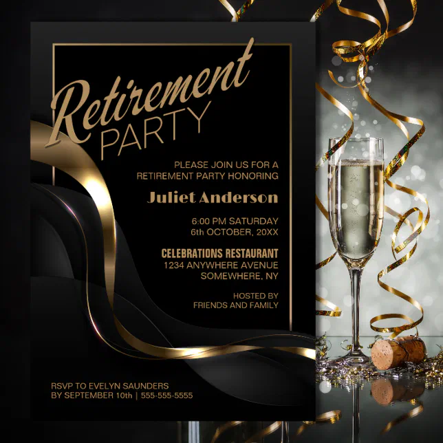 Modern Black Gold Retirement Party Invitation | Zazzle