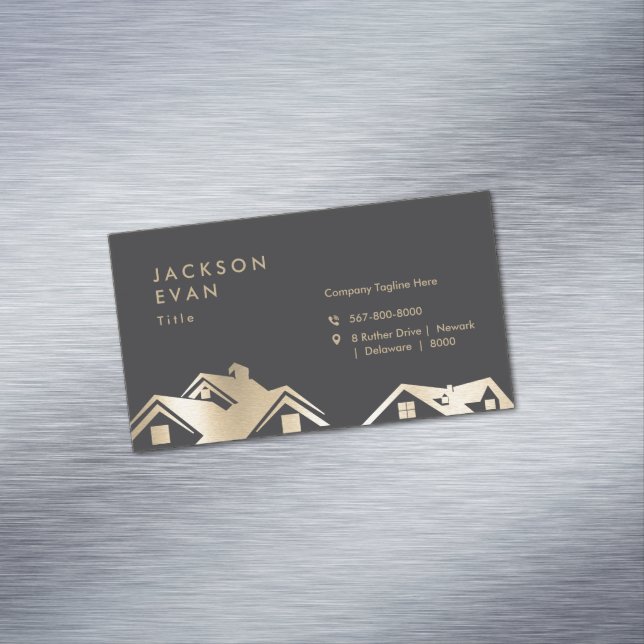 Modern Black & Gold Roofing Construction Repair Business Card Magnet (In Situ)