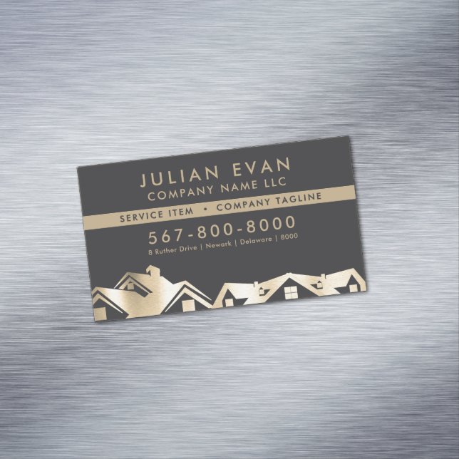 Modern Black & Gold Roofing Handyman Repair Business Card Magnet (In Situ)