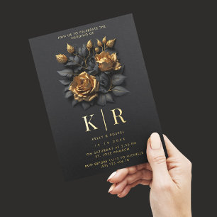 Modern Black Gold Roses Gothic Wedding Foil Invitation