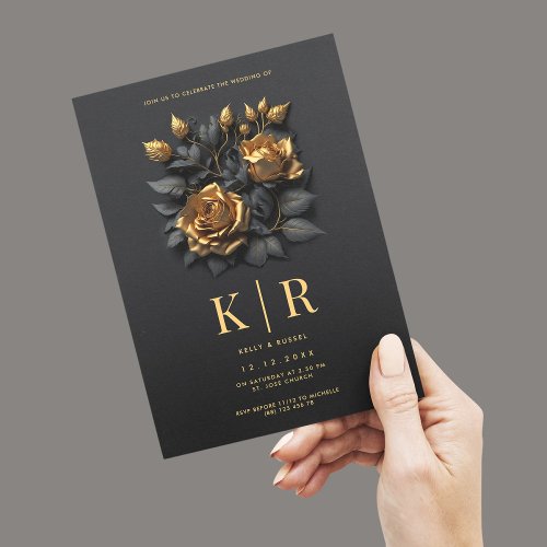 Modern Black Gold Roses Gothic Wedding Invitation