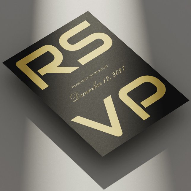 Modern Black Gold RSVP Wedding Card Minimalist (Personalized Elegant Gold Script Wedding RSVP Card on Black)