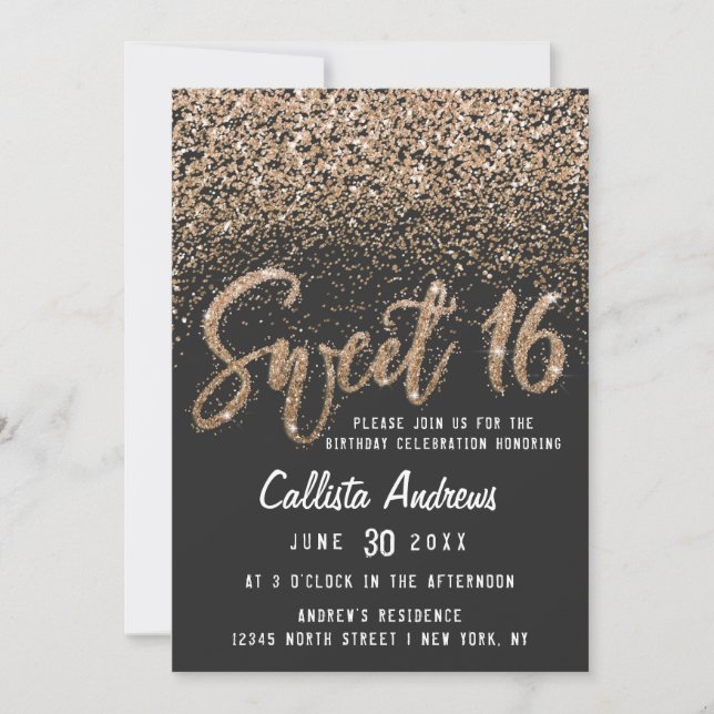 Modern Black Gold Scattered Glitter Ombre Sweet 16 Invitation (Front)