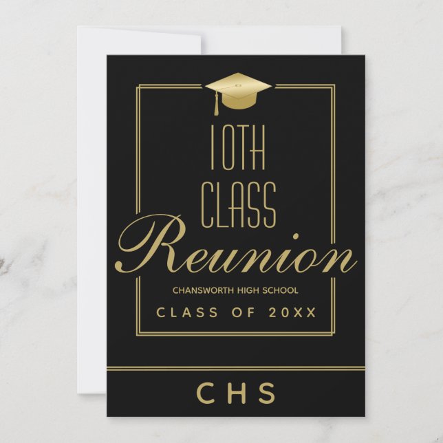 Modern Black Gold Script 10th Class Reunion Invitation (Front)