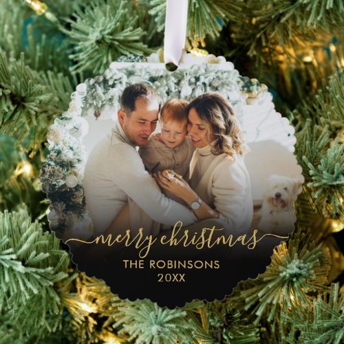 Modern Black Gold Script 2 Family Photo Christmas Ornament Card