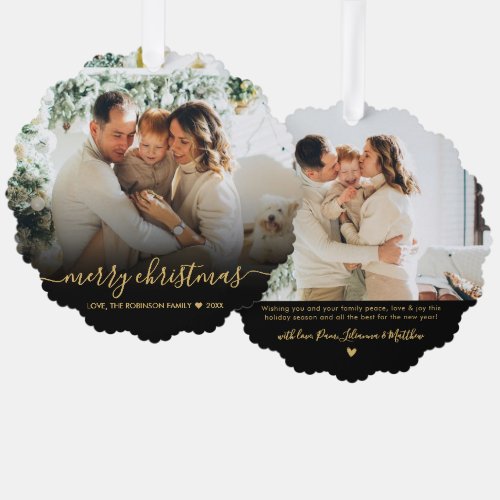 Modern Black Gold Script 2 Photo Christmas Ornament Card