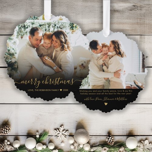 Modern Black Gold Script 2 Photo Christmas Ornament Card