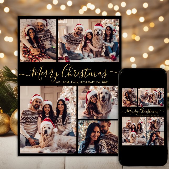 Modern Black Gold Script 5 Photo Collage Christmas Holiday Card (Creator Uploaded)