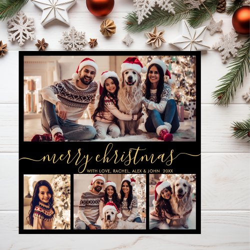 Modern Black Gold Script 5 Photo Collage Christmas Holiday Card
