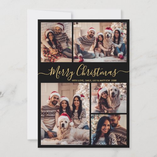 Modern Black Gold Script 5 Photo Collage Christmas Holiday Card