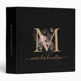 Modern Black Gold Script Botanical Floral Monogram 3 Ring Binder