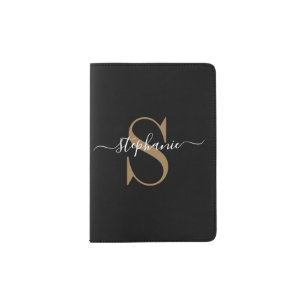 Modern Black Gold Script Custom Monogram Name Passport Holder